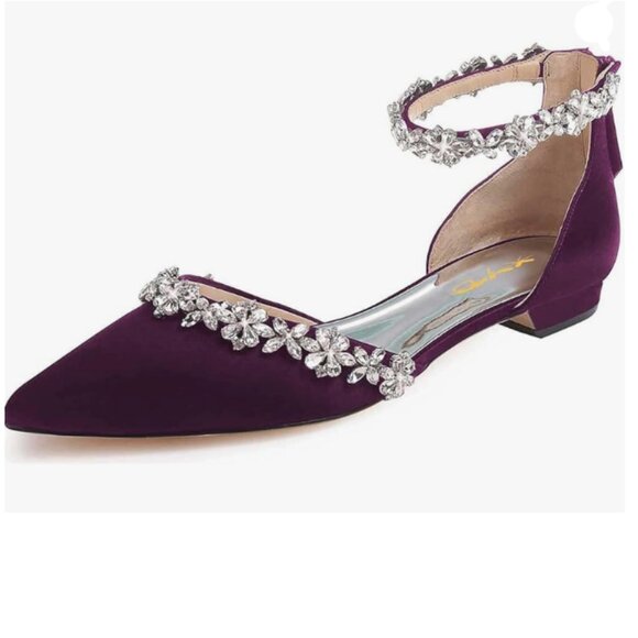 XYD Eggplant Pointed Toe D'Orsay Sparkly Rhinestones Ankle Strap Wedding Sandal - Picture 1 of 8